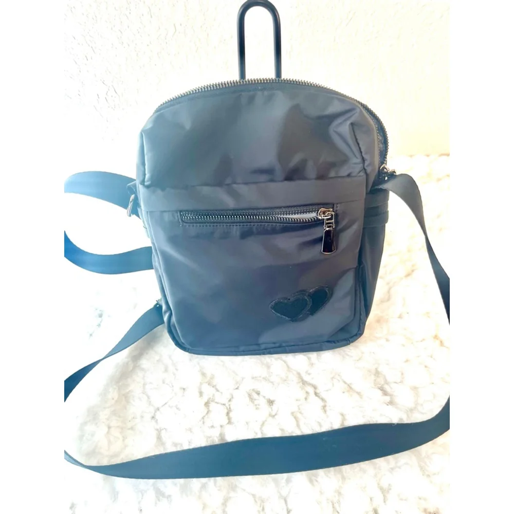ZZINNA black nylon crossbody bag with two heart appliqués for men and women